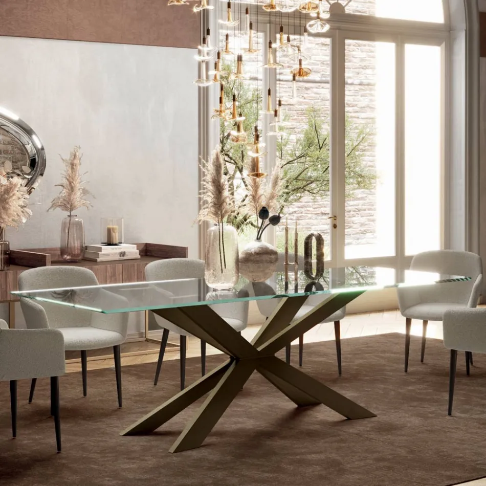 Tavolo Fisso con Bordo Reverse in Vetro Extrachiaro e Acciaio Made in Italy - Grotta Viadurini