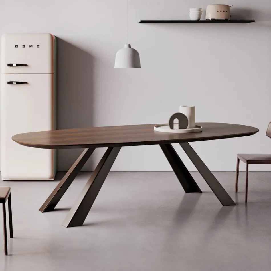 Tavolo Fisso con Piano Ellittico e Bordo Bisellato Made in Italy - Tirian Viadurini