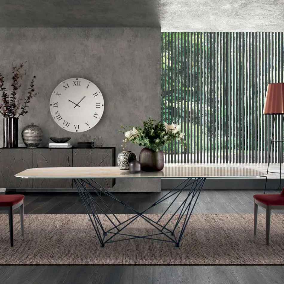Tavolo Fisso con Piano in Ceramica a Botte e Base in Acciaio Made in Italy - Ezzellino  Viadurini