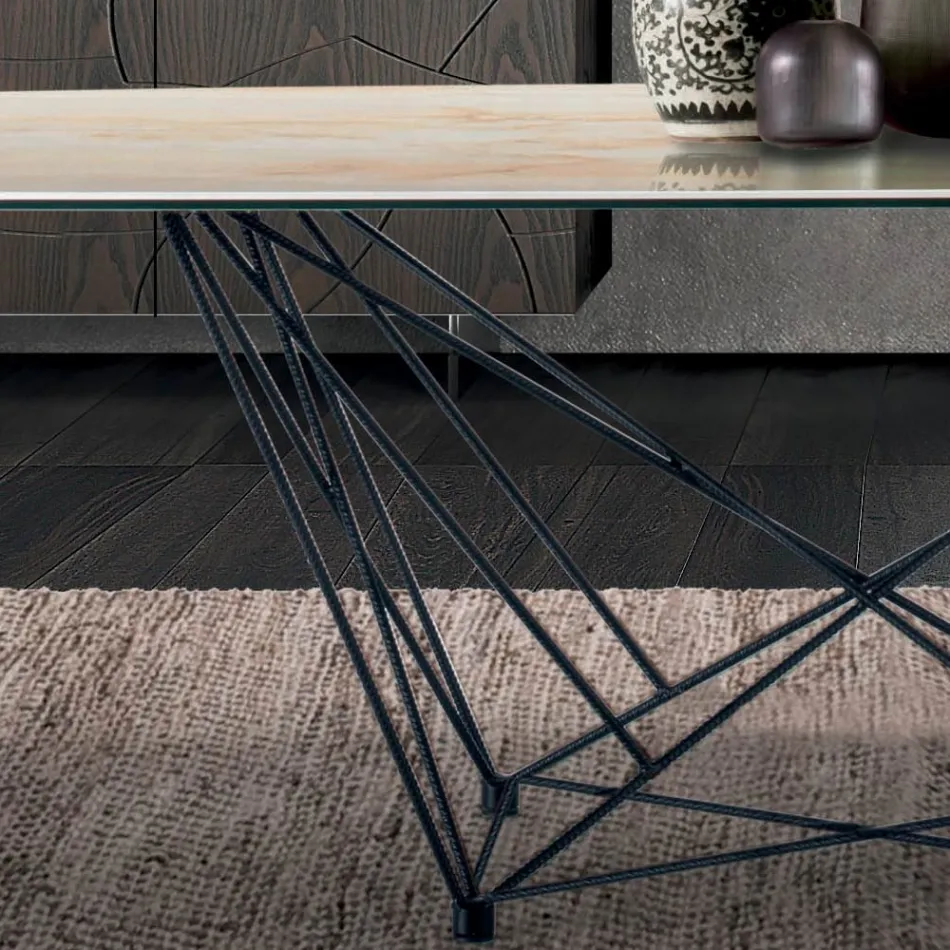 Tavolo Fisso con Piano in Ceramica a Botte e Base in Acciaio Made in Italy - Ezzellino  Viadurini