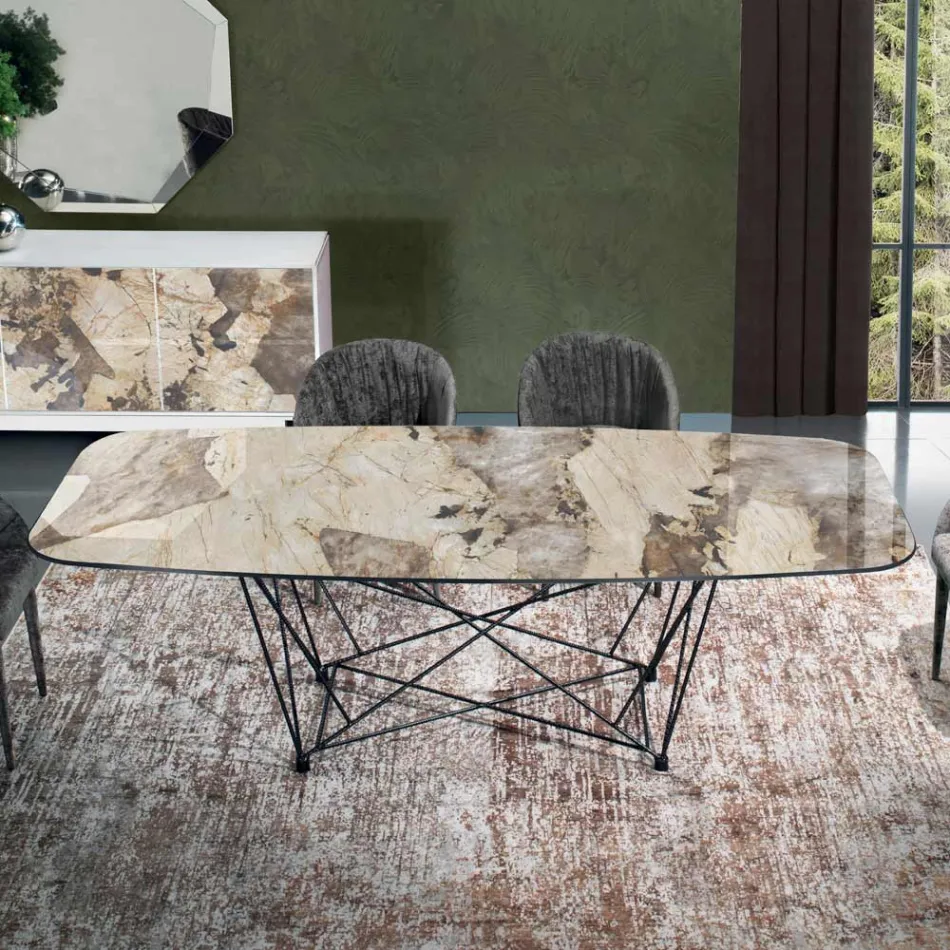 Tavolo Fisso con Piano in Ceramica a Botte e Base in Acciaio Made in Italy - Ezzellino  Viadurini
