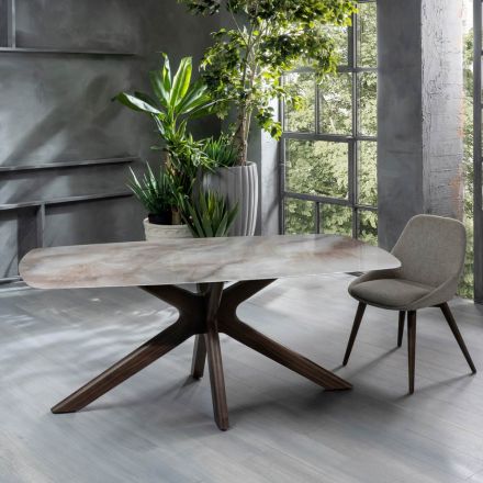 Tavolo Fisso con Piano in Ceramica e Base in Legno Massello di Noce - Arancio Viadurini