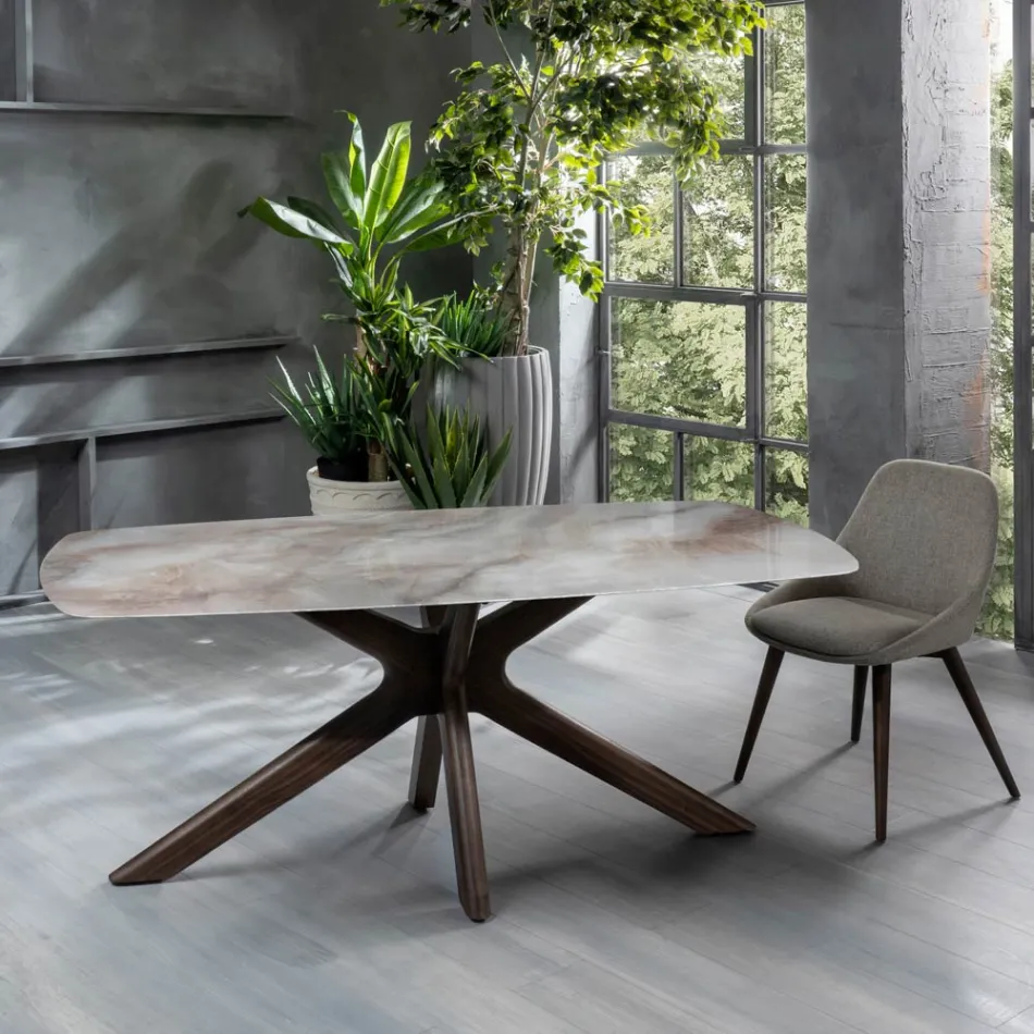 Tavolo Fisso con Piano in Ceramica e Base in Legno Massello di Noce - Arancio Viadurini
