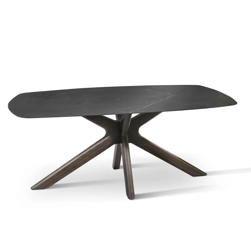 Tavolo Fisso con Piano in Ceramica e Base in Legno Massello di Noce - Arancio Viadurini