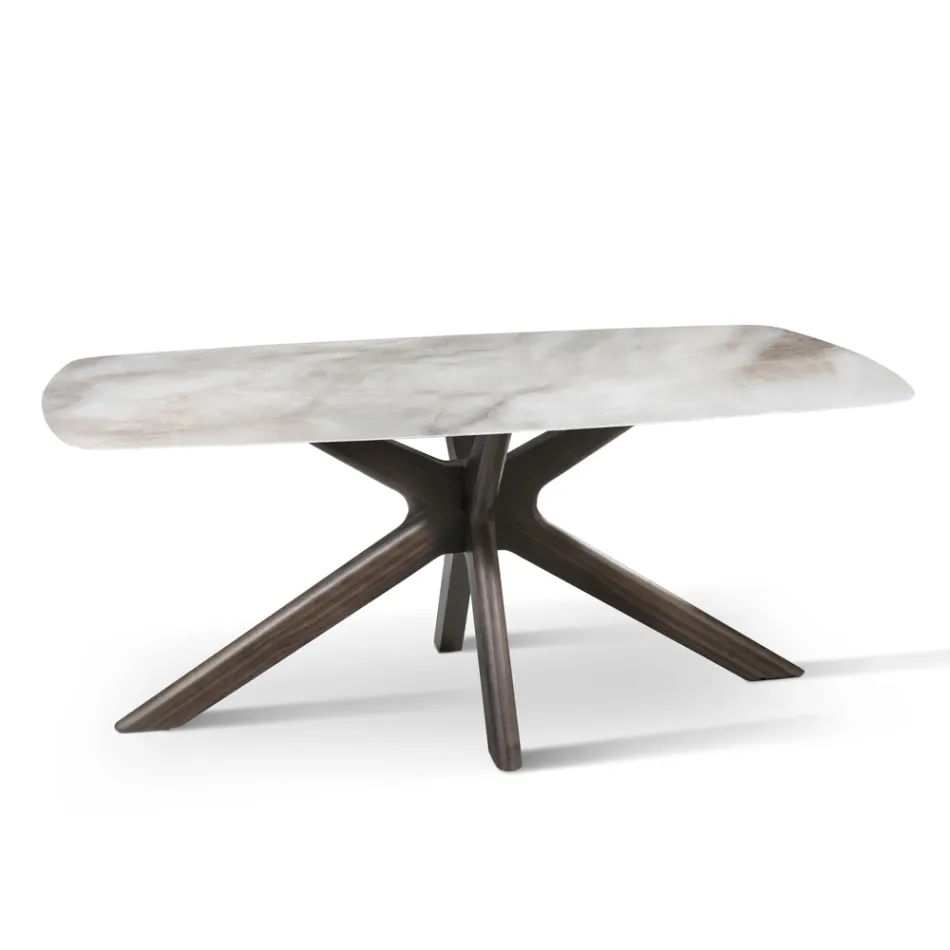 Tavolo Fisso con Piano in Ceramica e Base in Legno Massello di Noce - Arancio Viadurini