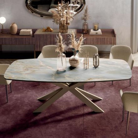 Tavolo Fisso con Piano in Ceramica Onice Argento Lucido Made in Italy - Grotta  Viadurini