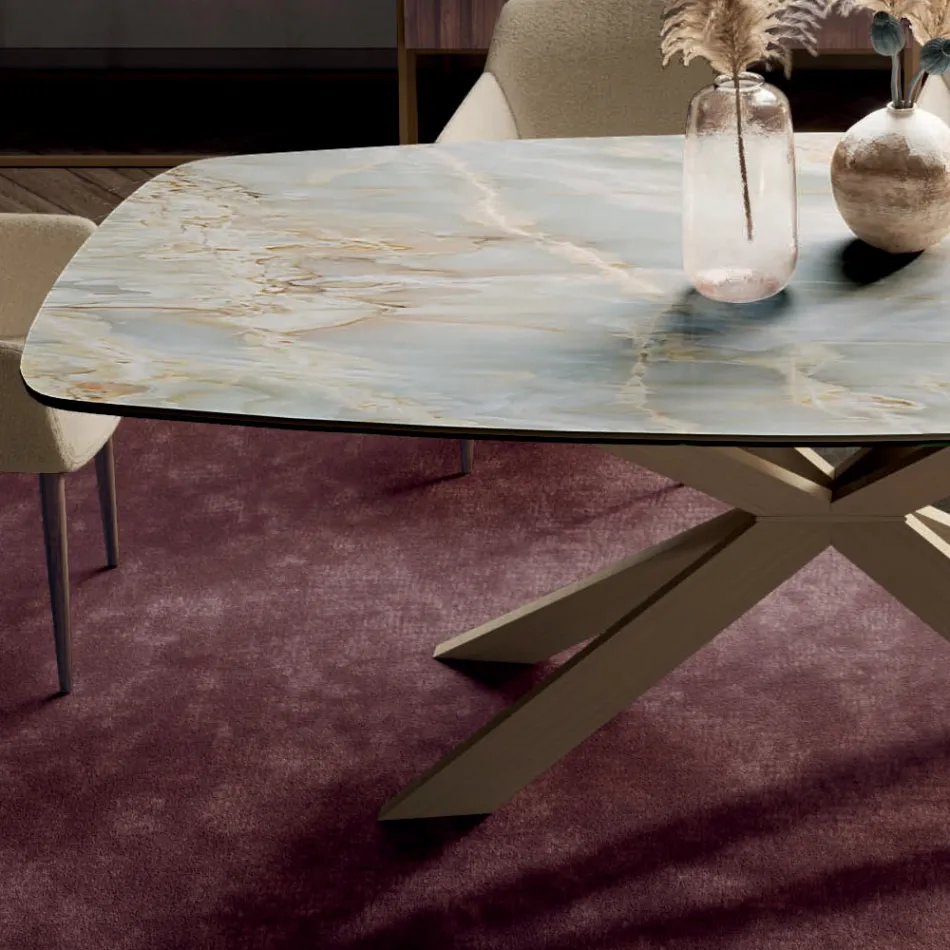 Tavolo Fisso con Piano in Ceramica Onice Argento Lucido Made in Italy - Grotta  Viadurini