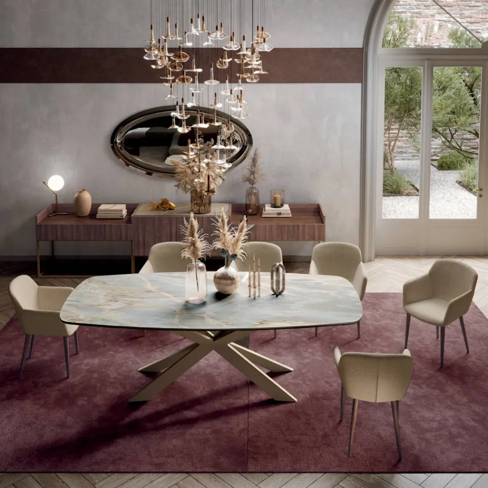 Tavolo Fisso con Piano in Ceramica Onice Argento Lucido Made in Italy - Grotta  Viadurini