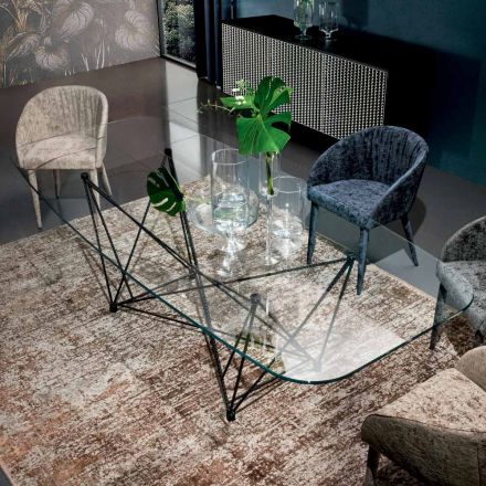 Tavolo Fisso con Piano in Vetro a Botte e Base in Acciaio Made in Italy - Ezzellino  Viadurini
