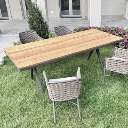 Tavolo Fisso da Esterno 220x100 cm in Alluminio e Teak Massello - Nara Viadurini