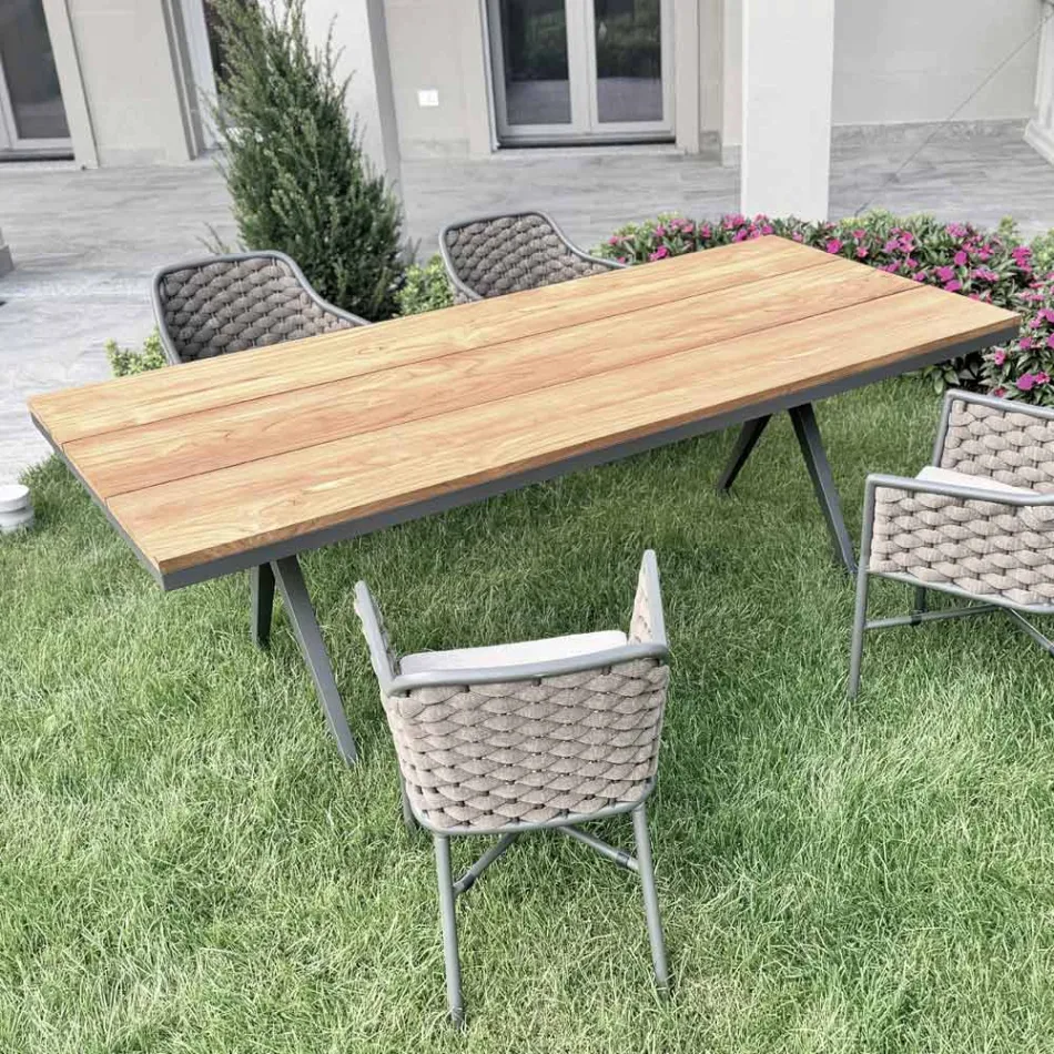 Tavolo Fisso da Esterno 220x100 cm in Alluminio e Teak Massello - Nara Viadurini