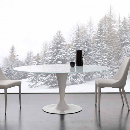 Tavolo fisso ellittico in vetro temperato extrawhite e acciaio Aurora Viadurini