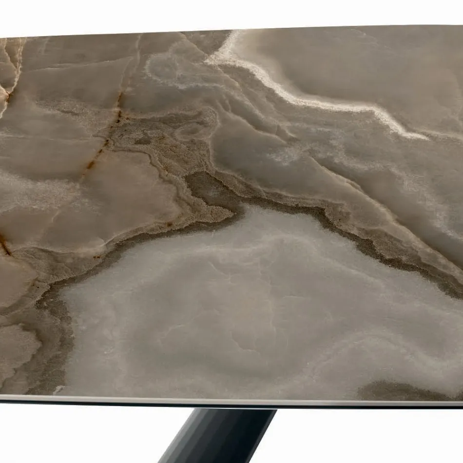 Tavolo Fisso in Ceramica e Base in Acciaio Verniciato Nero Made in Italy - Occhiali Viadurini