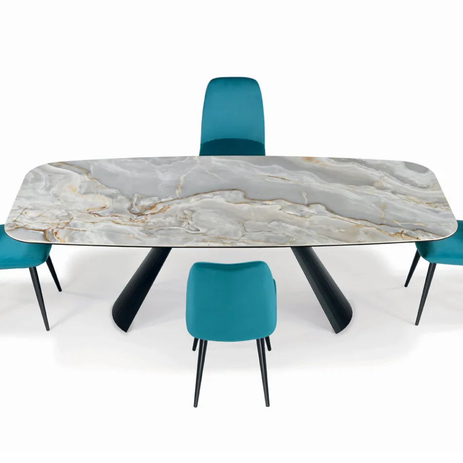Tavolo Fisso in Ceramica e Base in Acciaio Verniciato Nero Made in Italy - Occhiali Viadurini
