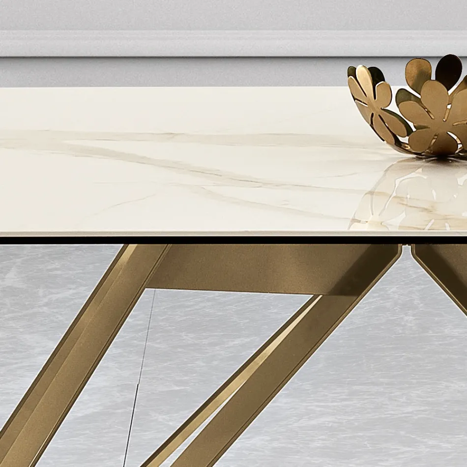 Tavolo Fisso in Vetroceramica Calacatta Oro e in Metallo Made in Italy - Meluso Viadurini