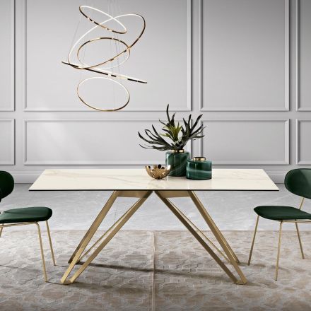 Tavolo Fisso in Vetroceramica Calacatta Oro e in Metallo Made in Italy - Meluso Viadurini