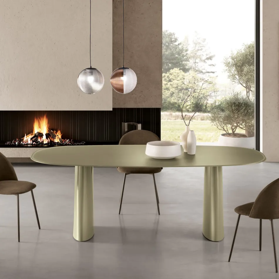 Tavolo Fisso Per Dieci Persone con Piano in Vetro e Base in Mdf - Venia Viadurini