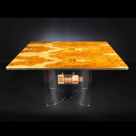 Tavolo in legno di olivo e vetro forma quadrata Portofino Viadurini