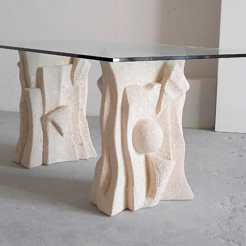 Tavolo in pietra con piano in cristallo di design moderno Priamo Viadurini