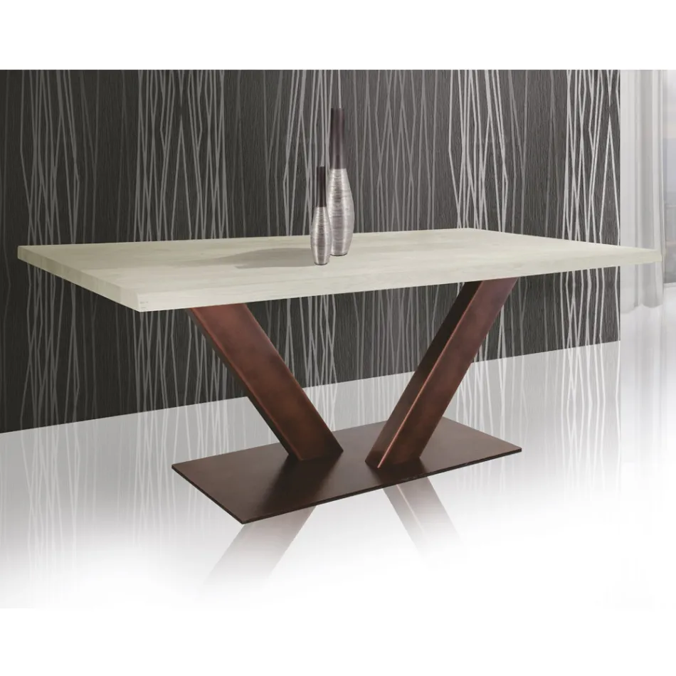 Tavolo in Rovere Placcato Bordo Foglia Squadrato e Metallo Made in Italy - Riad Viadurini