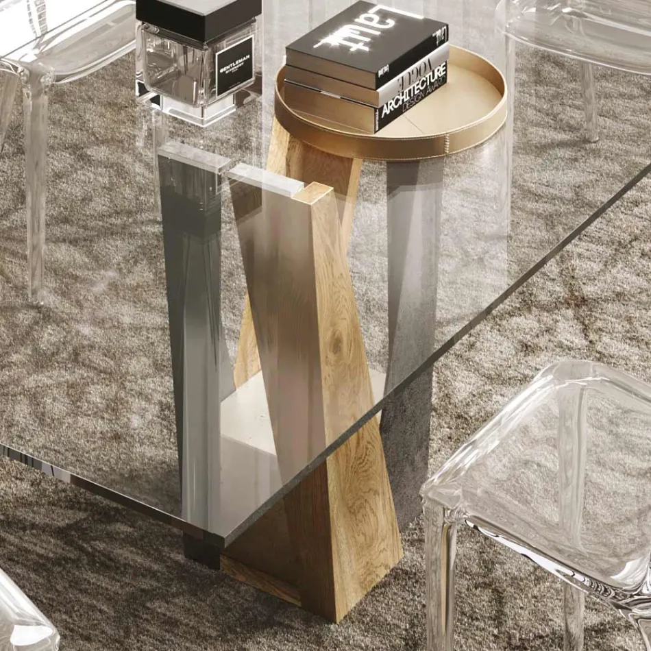 Tavolo Living in Cristallo con Base Legno e Metallo Made in Italy – Dementor Viadurini