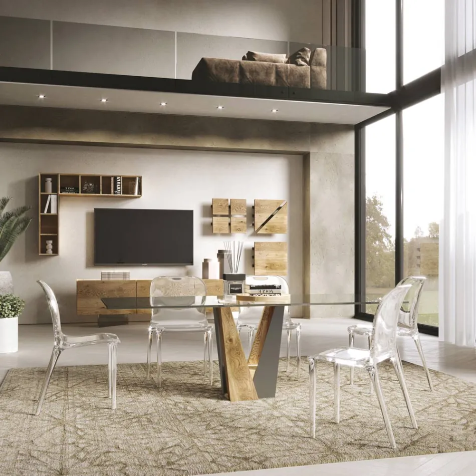 Tavolo Living in Cristallo con Base Legno e Metallo Made in Italy – Dementor Viadurini