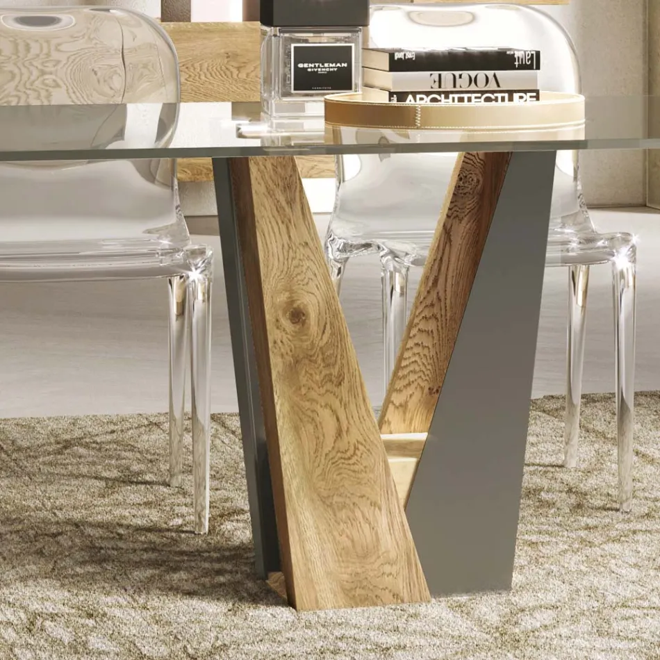 Tavolo Living in Cristallo con Base Legno e Metallo Made in Italy – Dementor Viadurini
