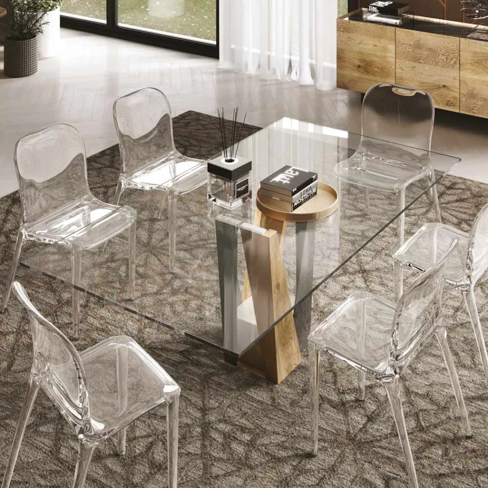 Tavolo Living in Cristallo con Base Legno e Metallo Made in Italy – Dementor Viadurini