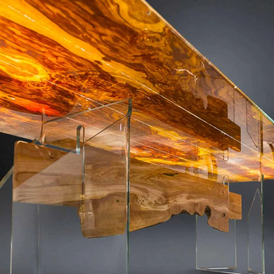 Tavolo moderno in legno di olivo e vetro rettangolare Portofino Viadurini