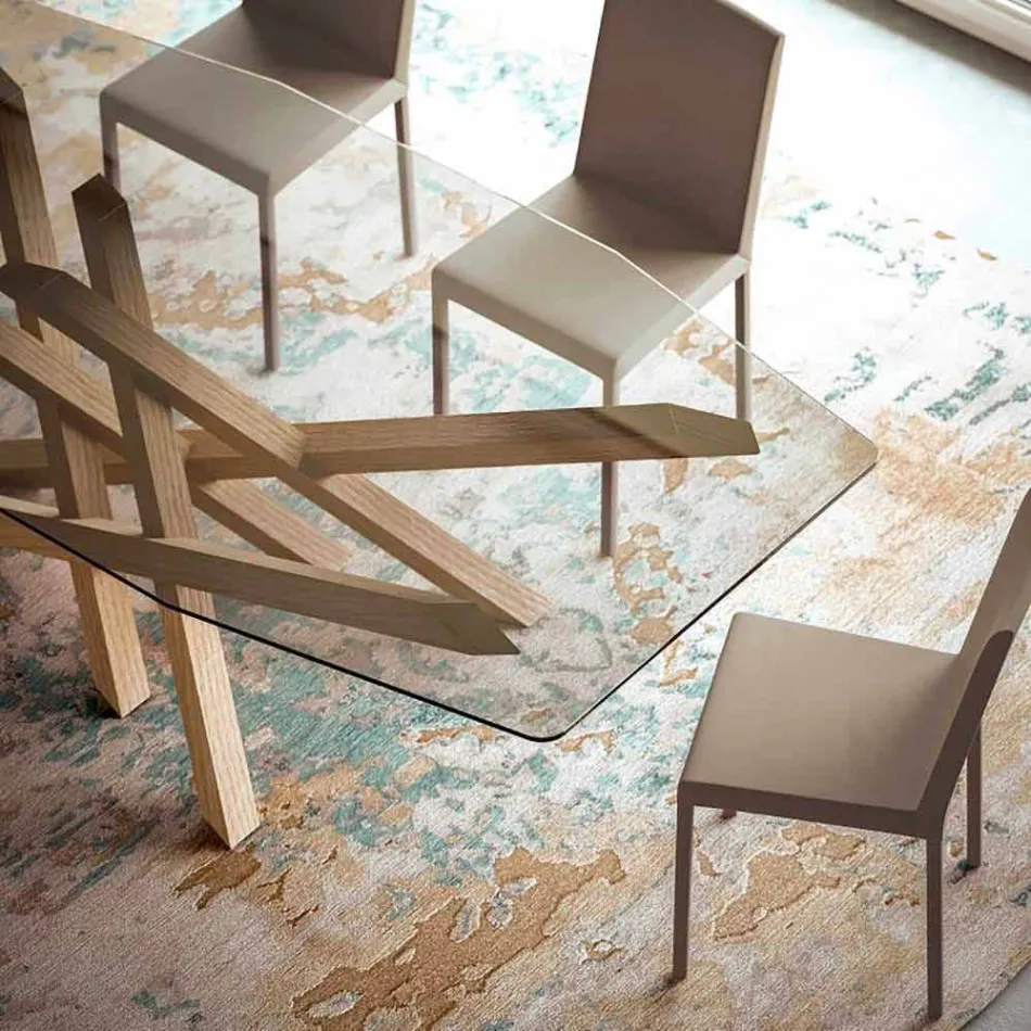 Tavolo moderno in vetro e rovere naturale prodotto in Italia Acciano Viadurini
