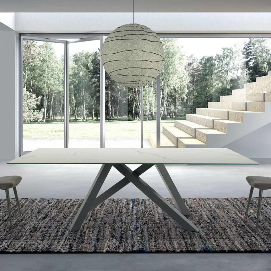 Tavolo Moderno Rettangolare in Ceramica e Acciaio Made in Italy – Settimmio Viadurini