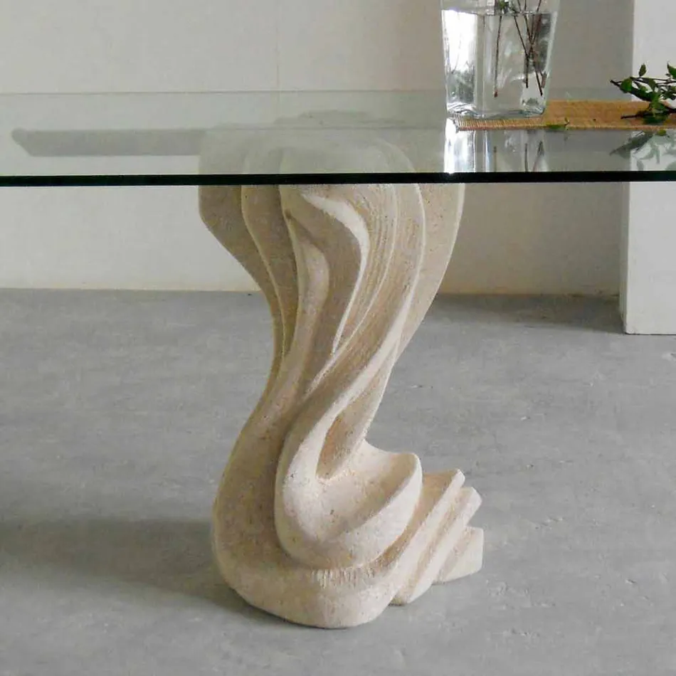 Tavolo ovale in pietra con piano in cristallo dal design moderno Agave Viadurini