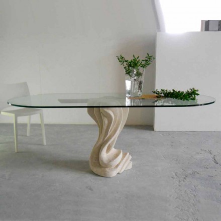 Tavolo ovale in pietra con piano in cristallo dal design moderno Agave Viadurini