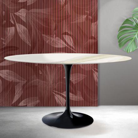 Tavolo Ovale Tulip Saarinen H 74 cm in Ceramica Florim Calacatta Gold Opaco - Scarlet Viadurini