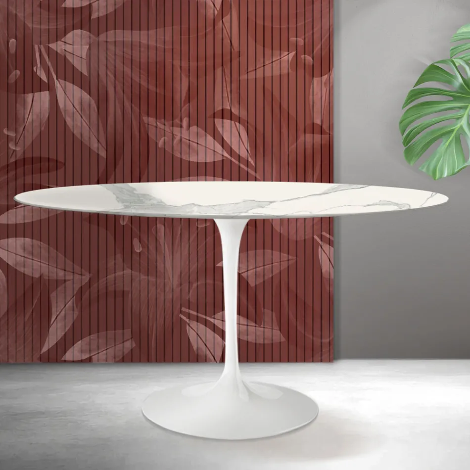 Tavolo Ovale Tulip Saarinen H 74 cm in Ceramica Florim Statuario Opaco - Scarlet Viadurini