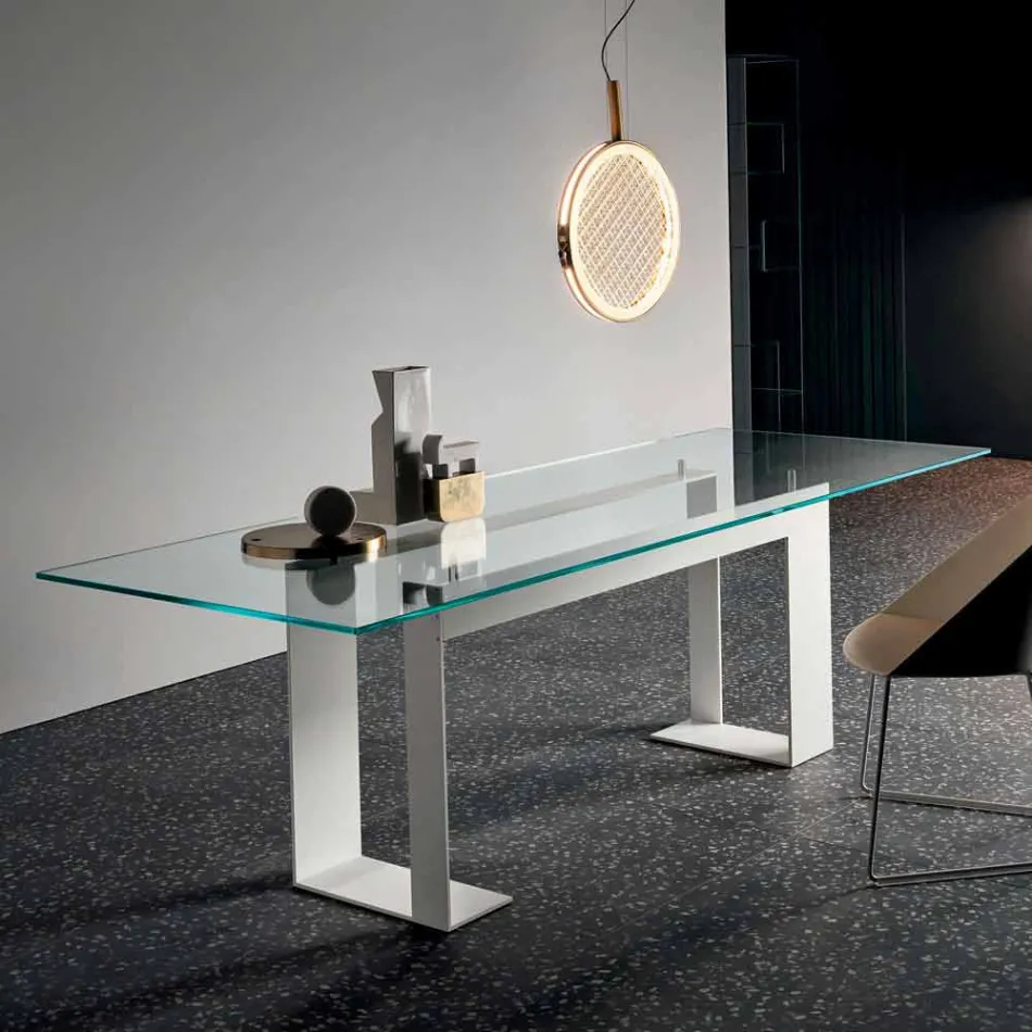 Tavolo Piano in Vetro Extrachiaro e Gambe Metallo 3 Finiture 4 Misure - Speck Viadurini