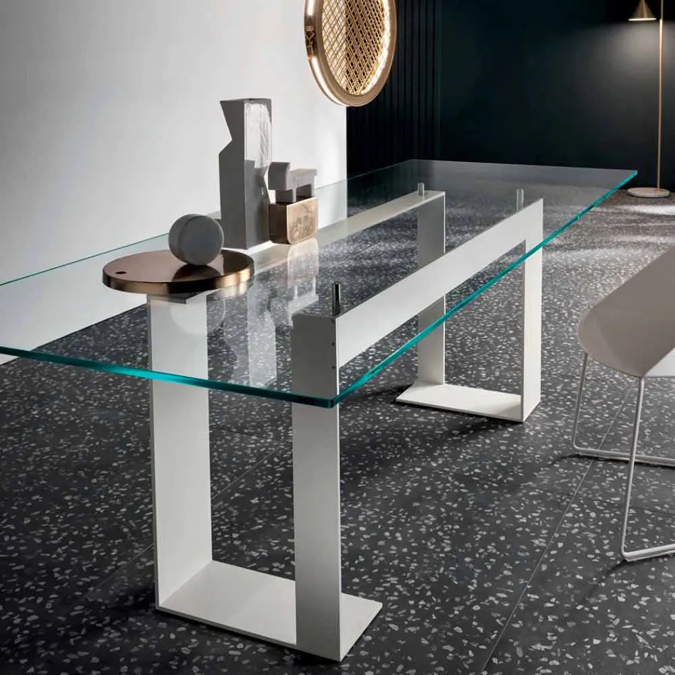 Tavolo Piano in Vetro Extrachiaro e Gambe Metallo 3 Finiture 4 Misure - Speck Viadurini