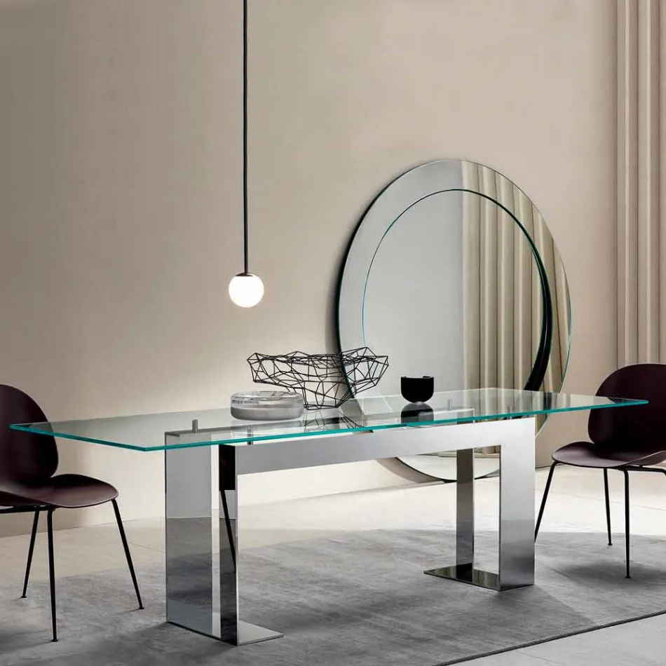 Tavolo Piano in Vetro Extrachiaro e Gambe Metallo 3 Finiture 4 Misure - Speck Viadurini