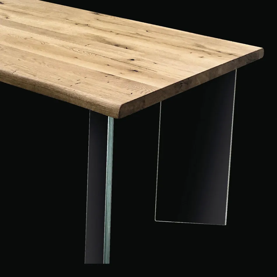 Tavolo Placcato in Rovere Nodato Masellato e Cristallo Made in Italy - Vicente Viadurini