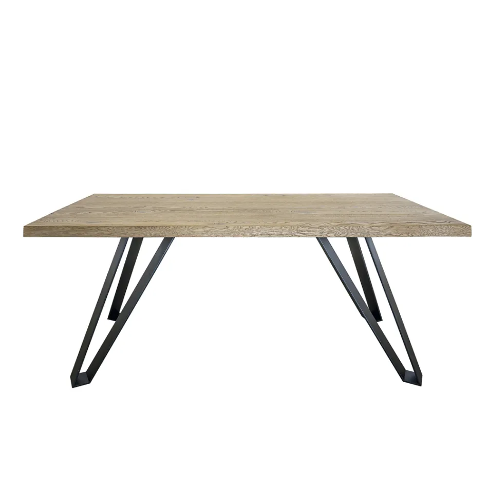 Tavolo Placcato in Rovere Nodato Masellato e Metallo Made in Italy - Luanda Viadurini