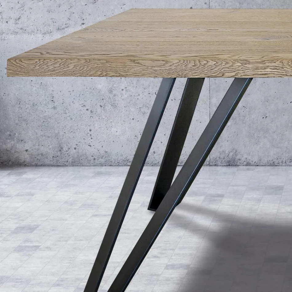 Tavolo Placcato in Rovere Nodato Masellato e Metallo Made in Italy - Luanda Viadurini