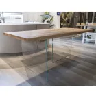 Tavolo Placcato Rovere Massello e Base in Cristallo Made in Italy - Noelia Viadurini