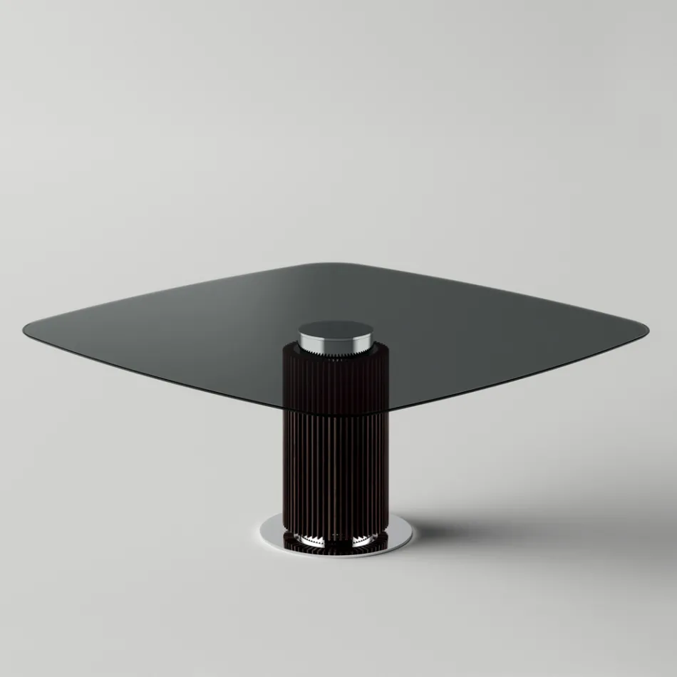 Tavolo Pranzo con Piano Quadrato in Vetro e Base in Legno Made in Italy - Kuadro Viadurini