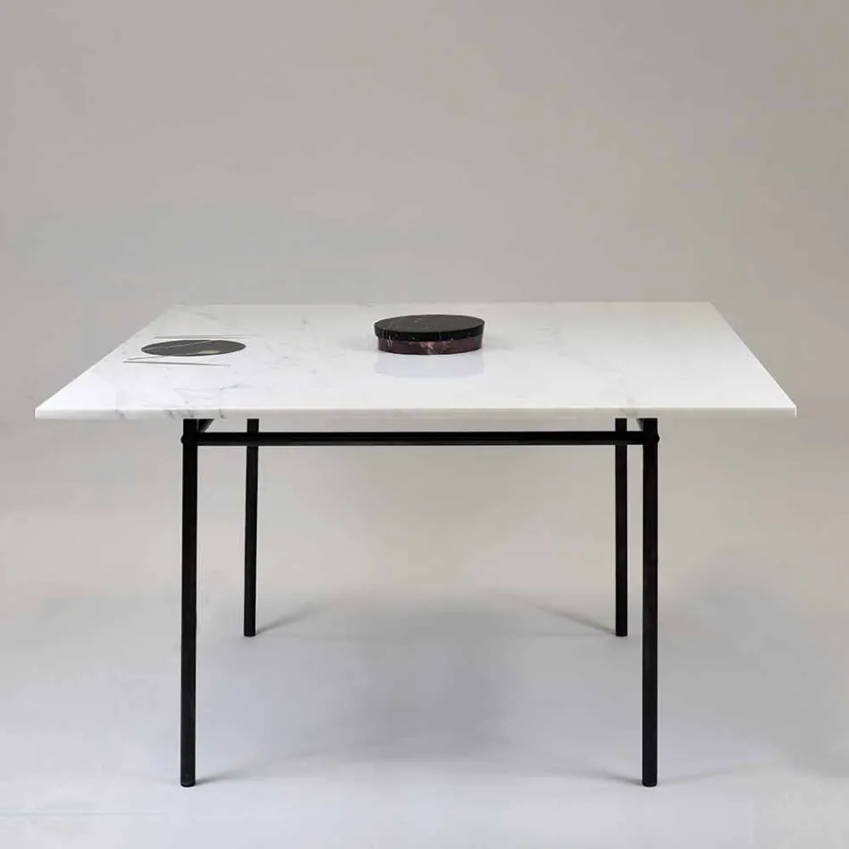 Tavolo Pranzo Quadrato con Vaso e Intarsio in Marmo 140 cm di Lusso - Vesuvio Viadurini