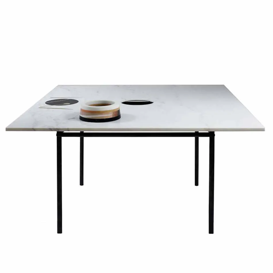Tavolo Pranzo Quadrato con Vaso e Intarsio in Marmo 140 cm di Lusso - Vesuvio Viadurini