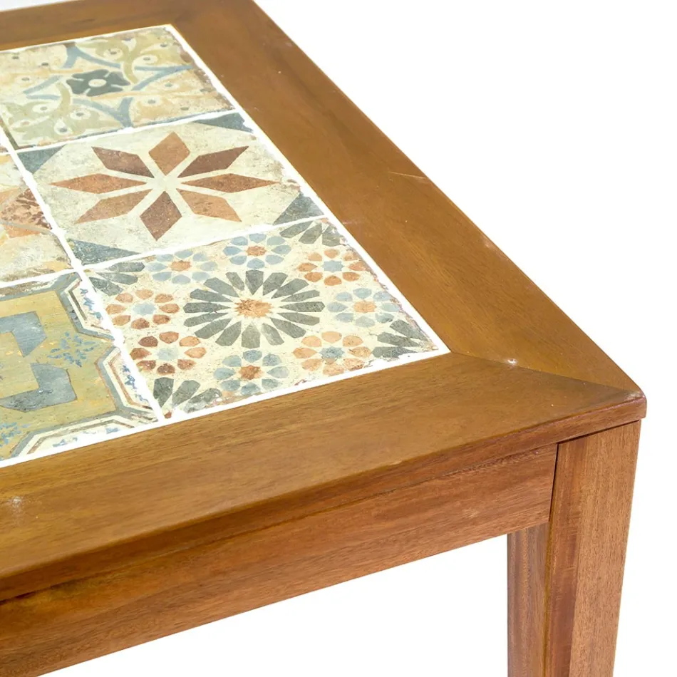 Tavolo Quadrato Realizzato in Legno di Acacia e Piano in Ceramica - Tecnica Viadurini