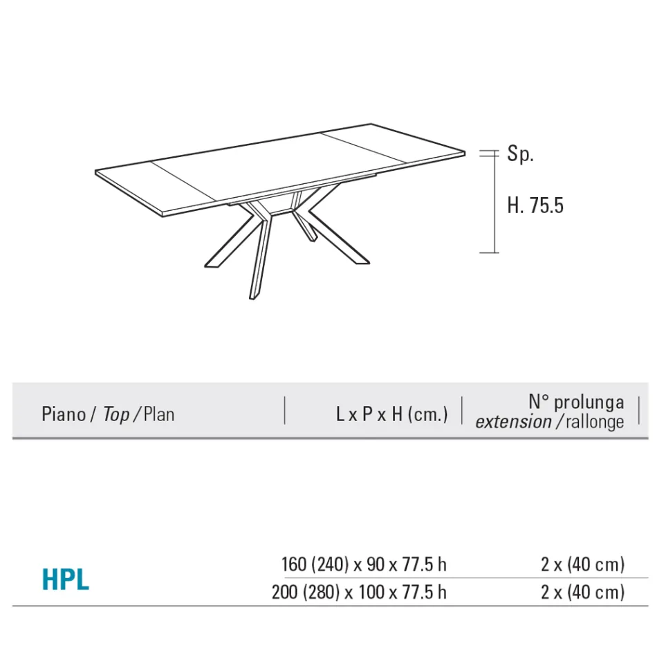 Tavolo Rettangolare Allungabile a 240 o 280 cm in HPL e Metallo - Presente Viadurini