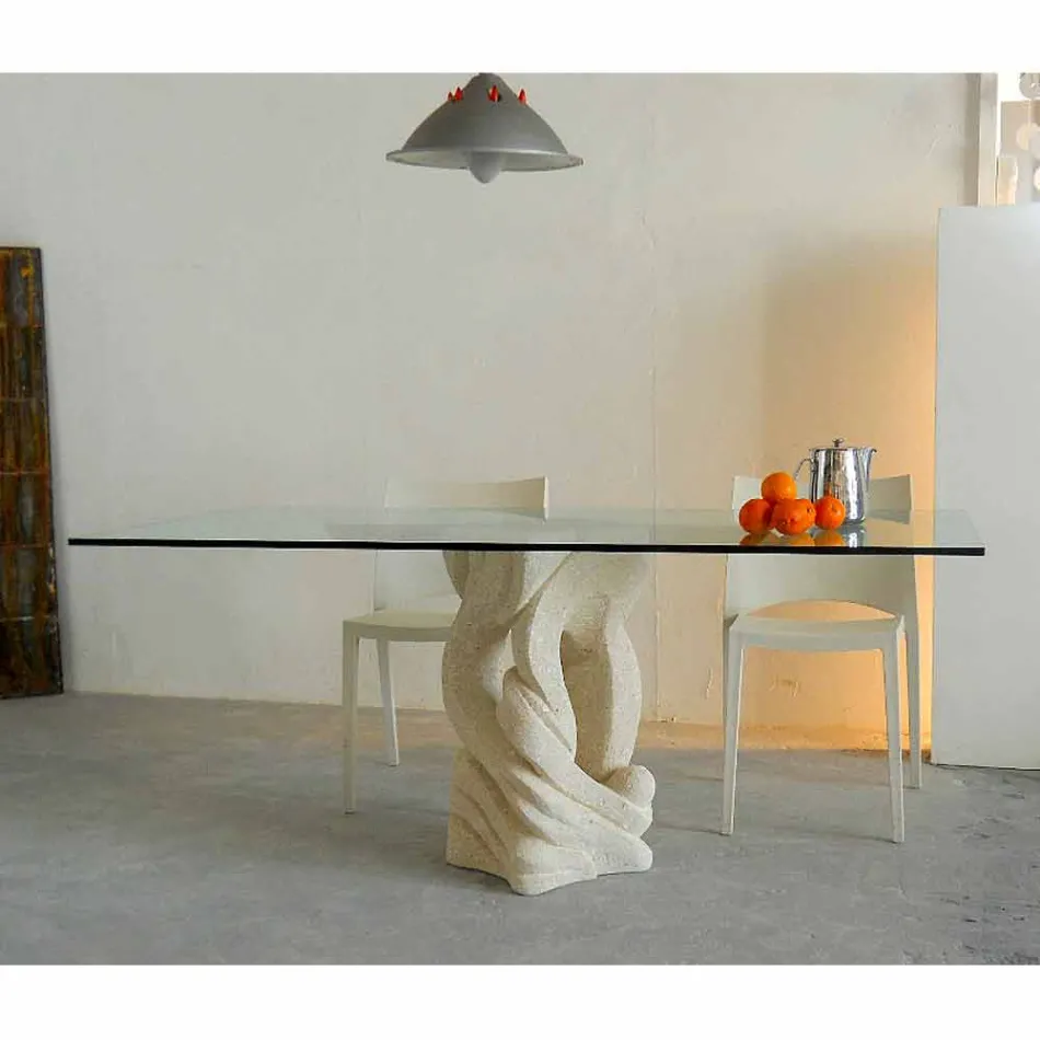 Tavolo rettangolare in pietra con piano in cristallo di design Ascanio Viadurini