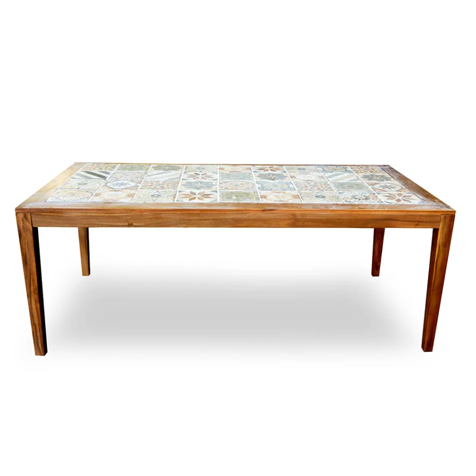 Tavolo Rettangolare Realizzato in Legno di Acacia e Piano in Ceramica - Tecnica Viadurini