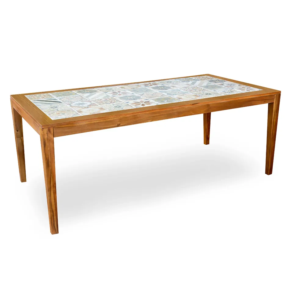 Tavolo Rettangolare Realizzato in Legno di Acacia e Piano in Ceramica - Tecnica Viadurini